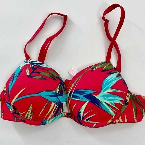 PINK Victoria’s Secret Wear Everywhere Push-Up Bra‎ 32B Red Tropical Palm Print - Picture 2 of 9